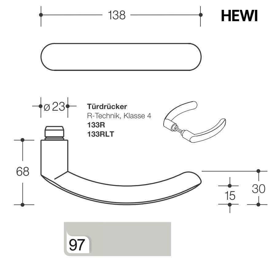 HEWI 133R Türdrücker, ø 23mm, durchg. Stahlkern, R-Technik, lichtgrau, VK8, TS38,1-48,0